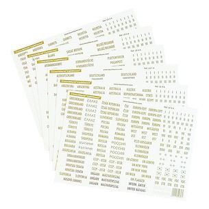 Etiquettes pays, écriture dorée Suisse, France, Autriche etc.