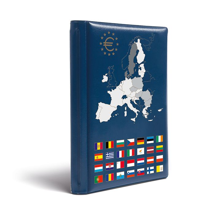 Album de poche avec 12 feuilles numismatiques pour 12 séries complètes d'euros, bleu