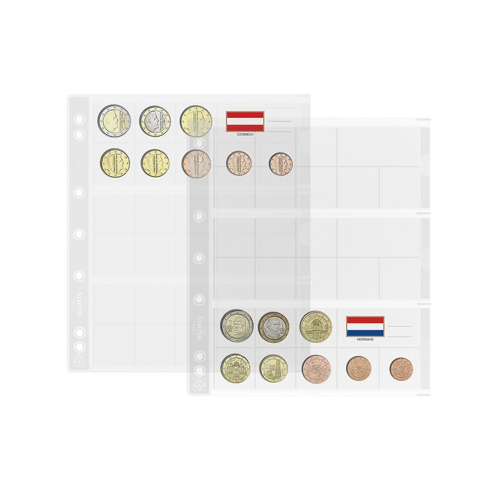 Feuilles numismatiques NUMIS, pour 3 séries complètes de pièces Euros, paquet de 5
