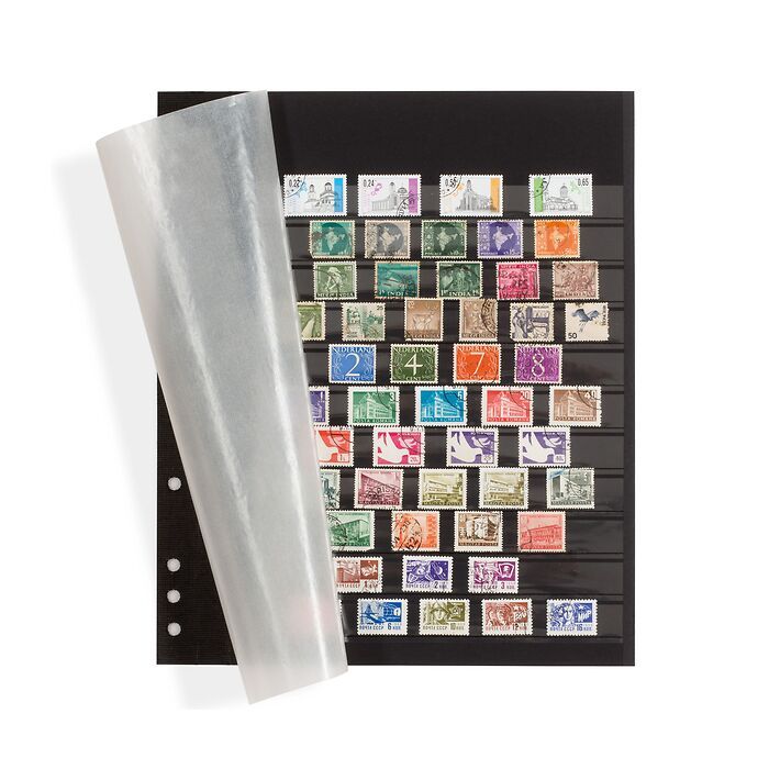 Feuilles à bandes Omega, carton noir avec 11 bandes rhodoïd, intercalaire cristal