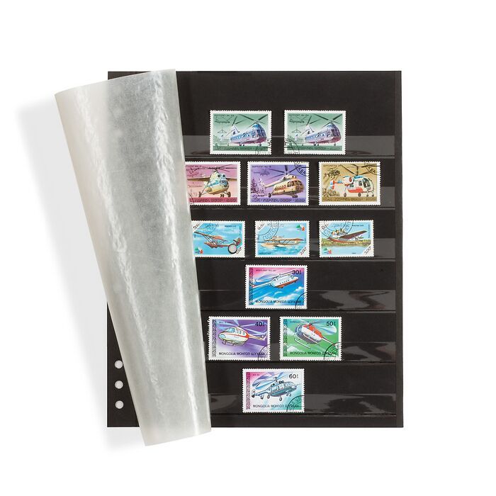 Feuilles à bandes Omega, carton noir avec 6 bandes rhodoïd, intercalaire cristal