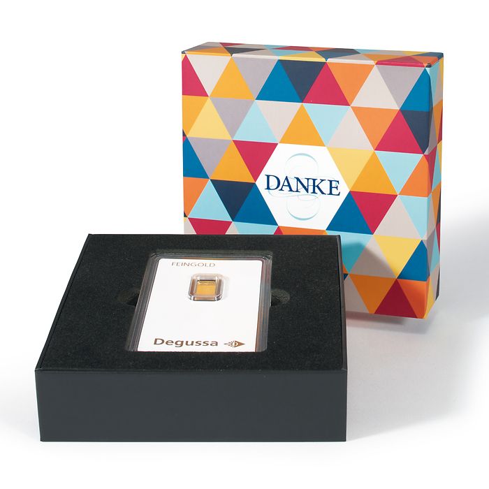 Boîte cadeau pour un lingot d’or sous blister «Danke », design moderne