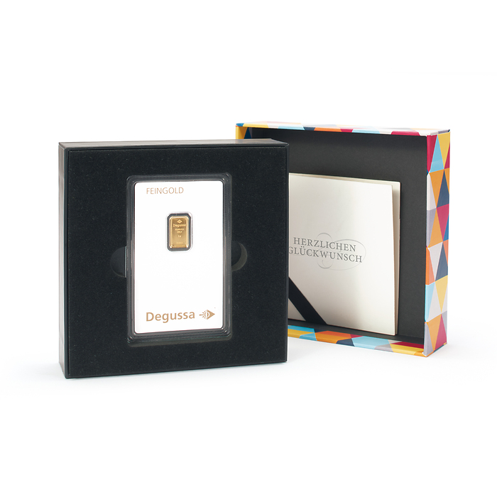Boîte cadeau pour un lingot d’or sous blister «Herzlichen Glückwunsch », design moderne