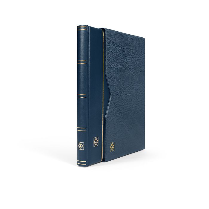 Classeur Premium, DIN A4, 32 feuilles noires, couverture ouatinée en cuir + étui, bleu