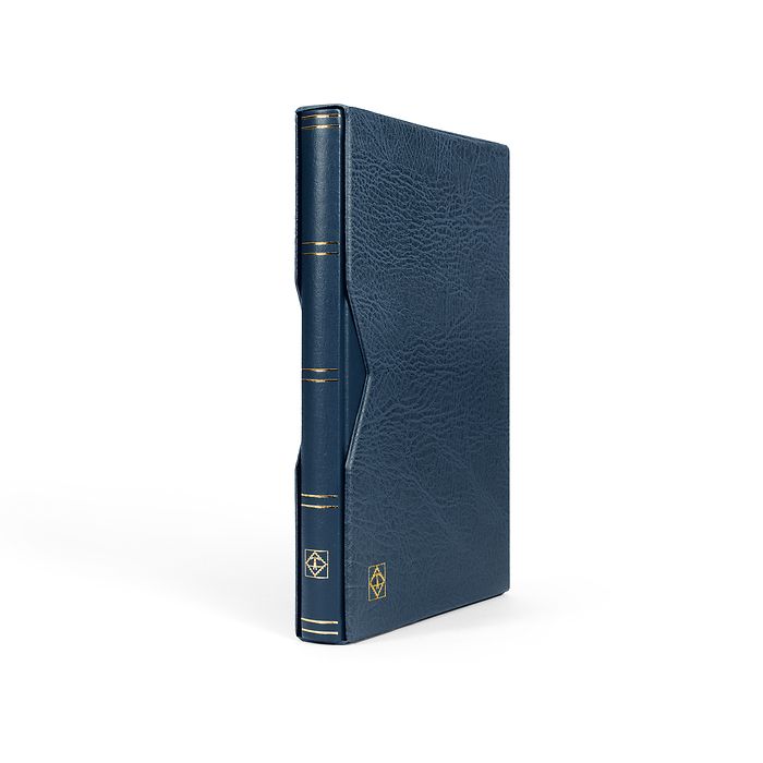 Classeur Premium, DIN A4, 32 feuilles noires, couverture ouatinée en cuir + étui, bleu