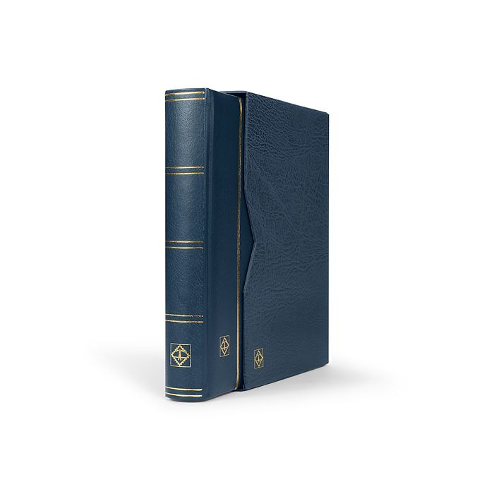 Classeur Premium, DIN A4, 64 feuilles noires, couverture ouatinée en cuir + étui, bleu