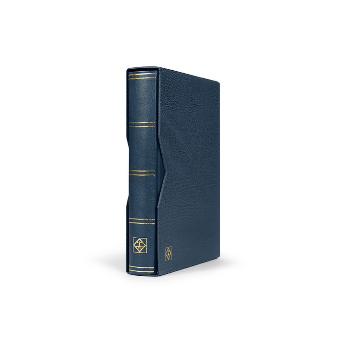 Classeur Premium, DIN A4, 64 feuilles noires, couverture ouatinée en cuir + étui, bleu